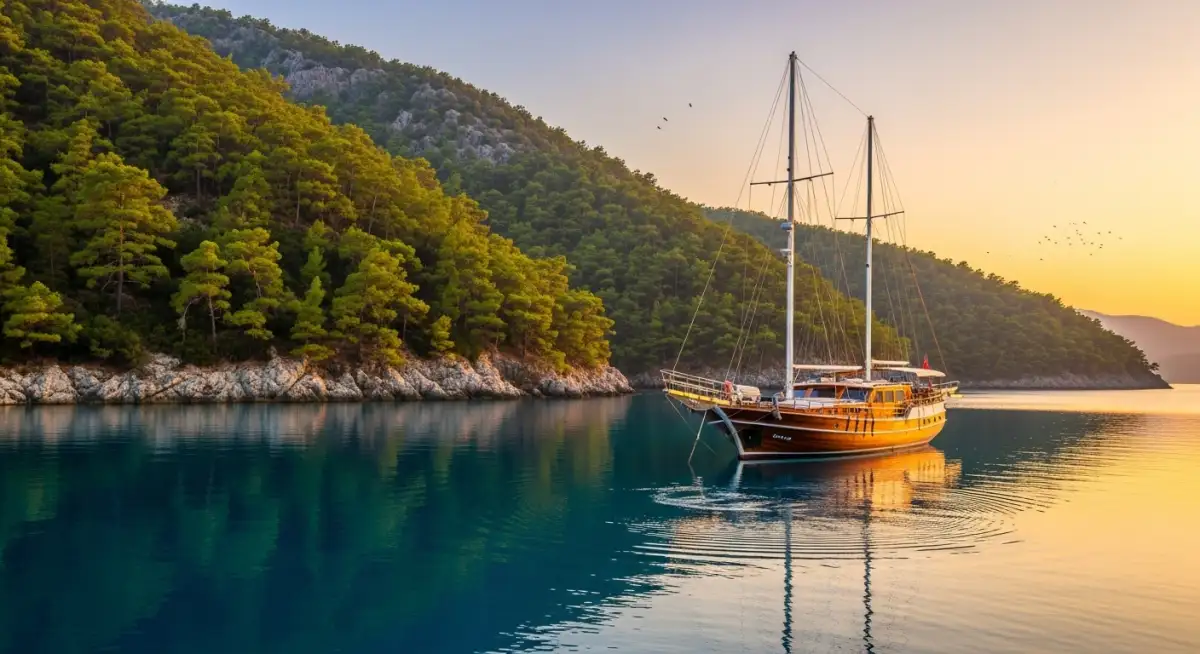 Traditional gulet anchored in secluded Gökova Gulf bay during 7-day Blue Voyage cruise from Bodrum