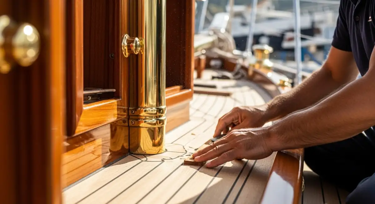 Traditional Turkish gulet craftsmanship in Bodrum shipyard with hand-finished mahogany interior