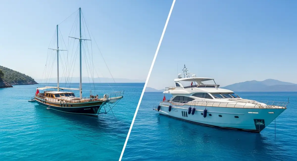 Traditional wooden gulet versus modern motor yacht comparison Turkish charter options Mediterranean sailing vessels choices