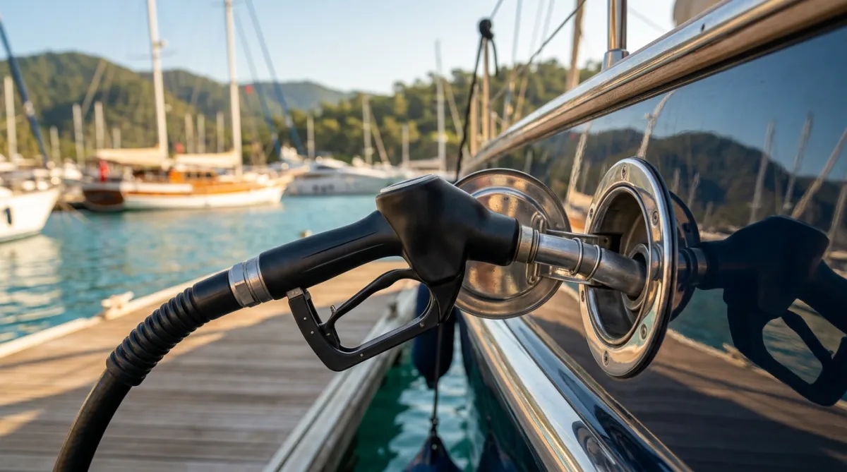 Fuel top-up at a Turkish marina—common cost covered by APA yacht charter Turkey.