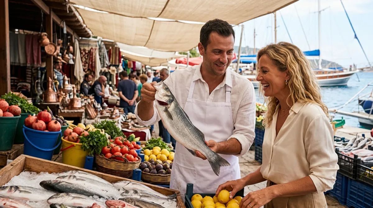 Provisioning for APA yacht charter Turkey with fresh produce and seafood at a local market.