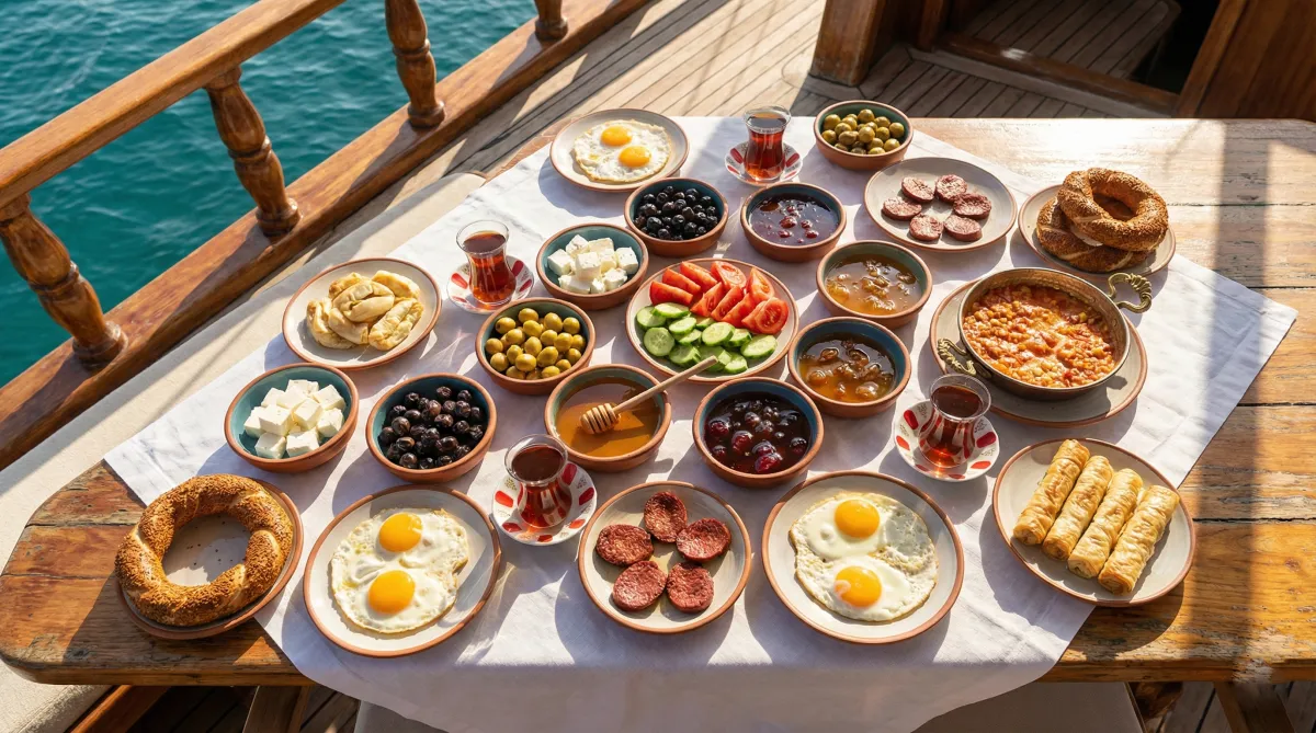 Authentic Turkish breakfast spread with 20 small dishes including white cheese, olives, eggs and fresh bread on gulet deck