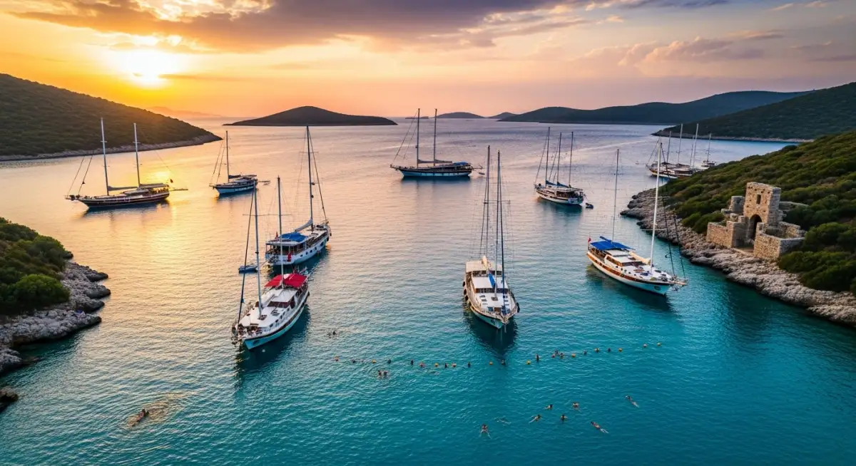 Turkish gulets anchored at Cleopatra Island during golden hour showing popular charter route anchorage
