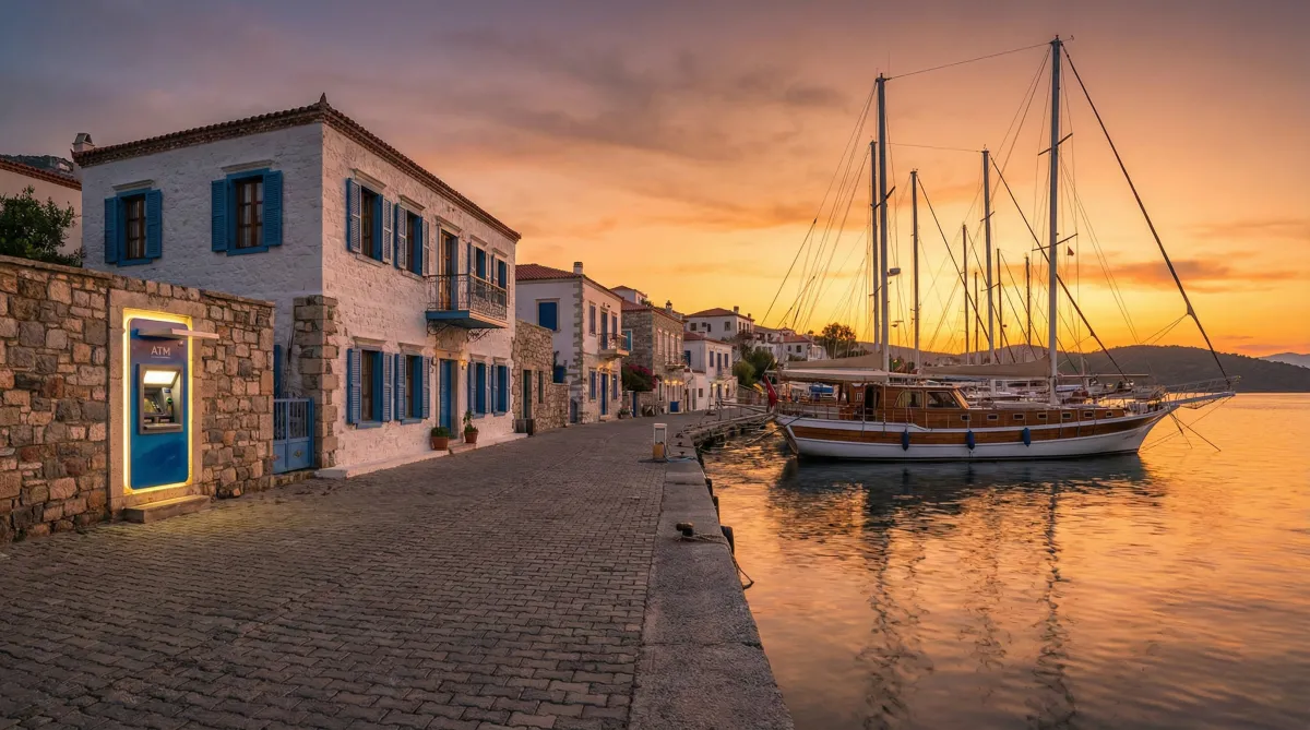 Small Turkish marina village at sunset with limited ATM access for charter guests
