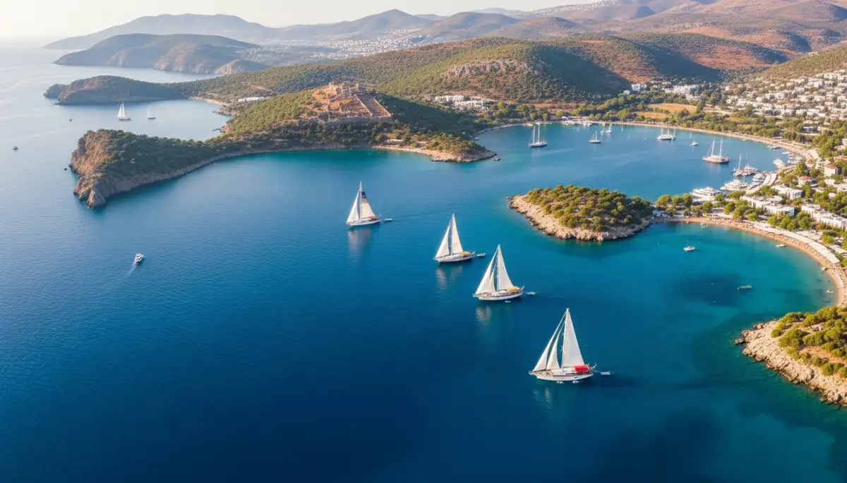 Turkish Riviera coastline aerial view gulet sailing routes Bodrum Gökova Gulf Mediterranean blue cruise destinations