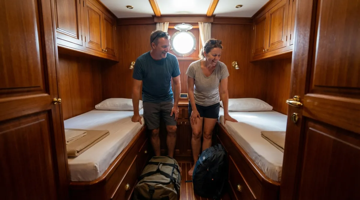 Two guests looking at separate twin beds inside a Turkish gulet cabin