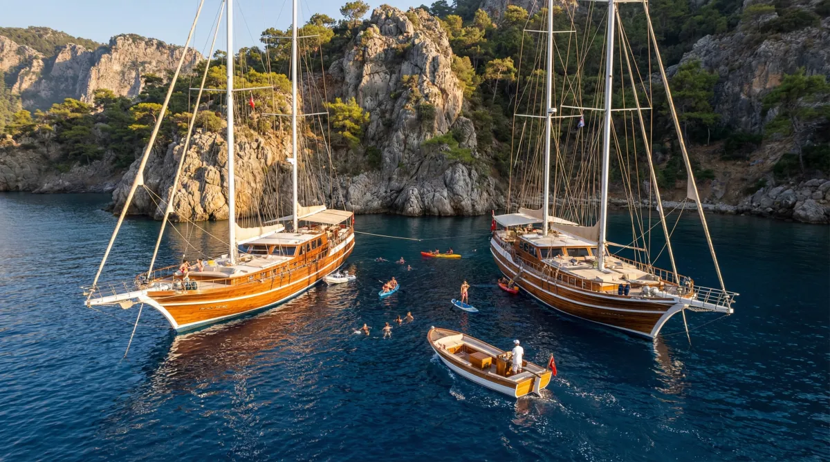 Two charter gulets anchored together in Turkish cove with guests enjoying water activities