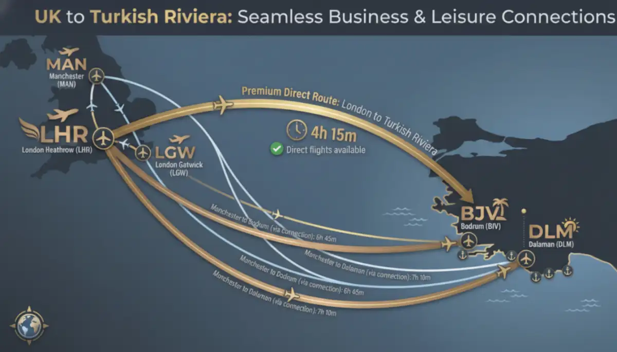 UK flight connections to Turkish gulet charter bases - London direct flights to Bodrum and Dalaman airports showing embarkation points for Mediterranean yacht charters