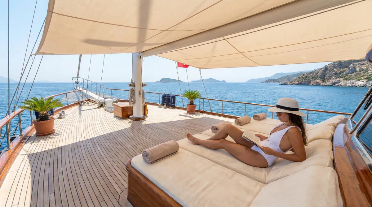 Woman relaxing on a spacious luxury gulet deck sunbed with azure sea background