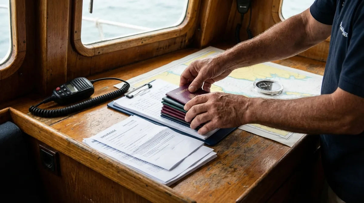 Yacht clearance Turkey Greece documents arranged on chart table before port entry check-in